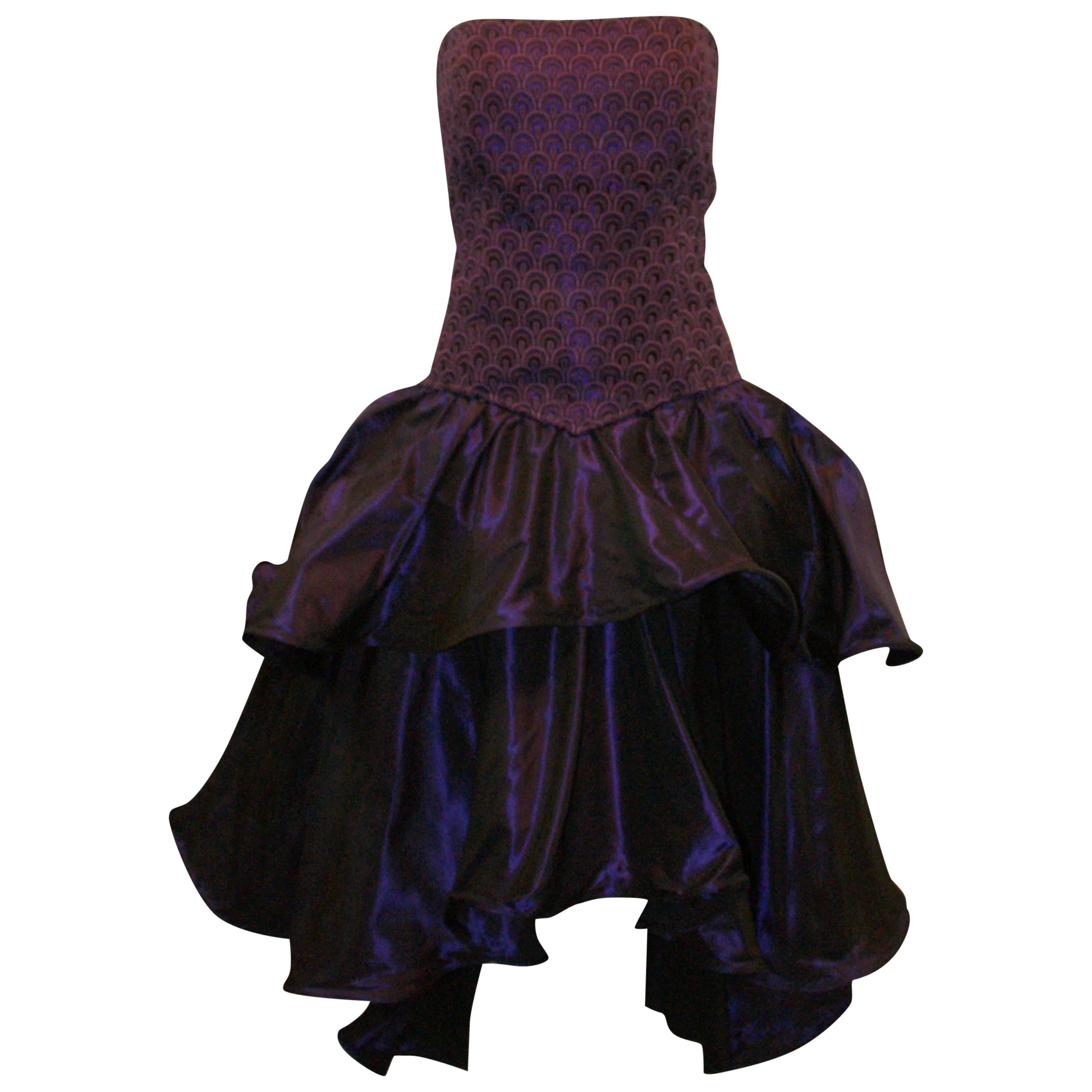 1980's Odicini Couture Purple Mauve Peacock Lace Ruffle Strapless Dress 