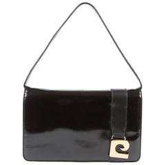 1970s Gorgeous Black Leather Patent Pierre Cardin Shoulder Bag