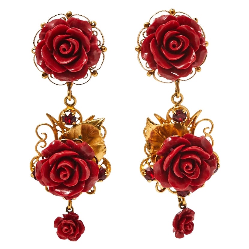 Dolce and Gabbana Rose Crystal Embedded Clip-On Drop Earrings