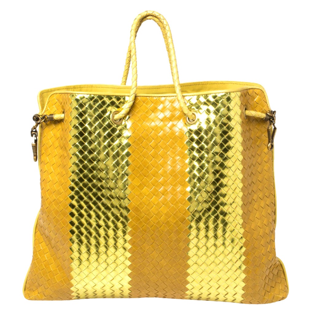 Bottega Veneta Yellow/Gold Liquid Stripe Intrecciato Leather Oversized Tote