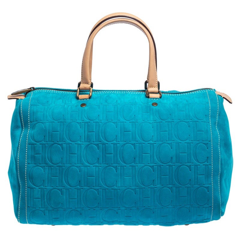 Carolina Herrera Turquoise Monogram Suede and Leather Large Andy Boston Bag