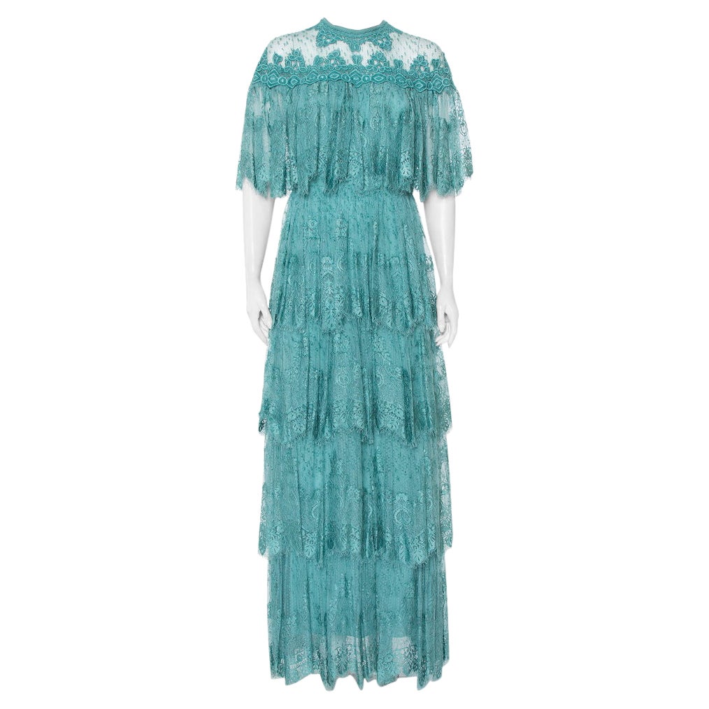 Elie Saab Turquoise Blue Embroidered Lace Overlay Detail Tiered Maxi Dress M