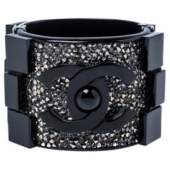 Chanel CC Black Resin Crystal Studded Silver Tone Wide Cuff Bracelet