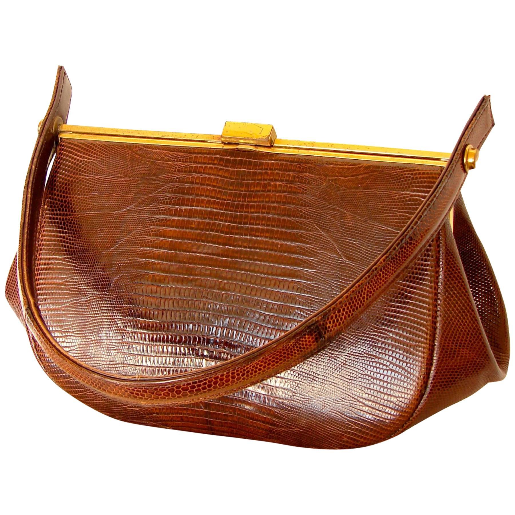 Vintage Exotic Lizard Skin Honey Brown Structured Handbag by Harry Revitz 1960s