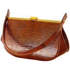 Vintage Exotic Lizard Skin Honey Brown Structured Handbag by Harry Revitz 1960s 