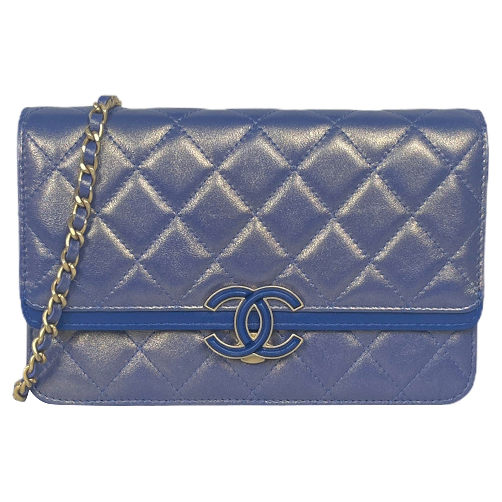 Chanel 2019A Iridescent Blue CC Quilted Wallet On Chain WOC Crossbody Bag