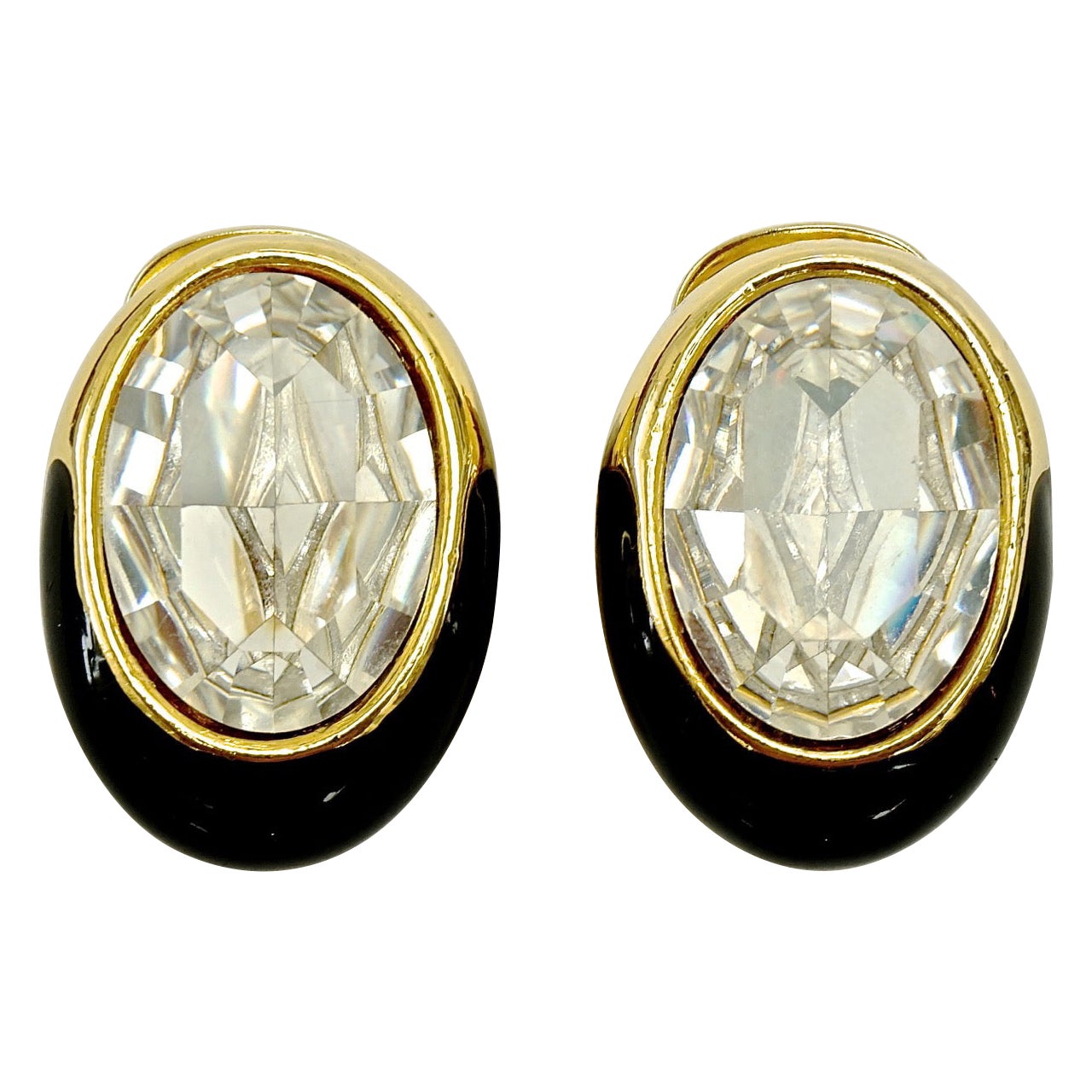 Swarovski Gold Plated Oval Black Enamel and Crystal Clip On Earrings
