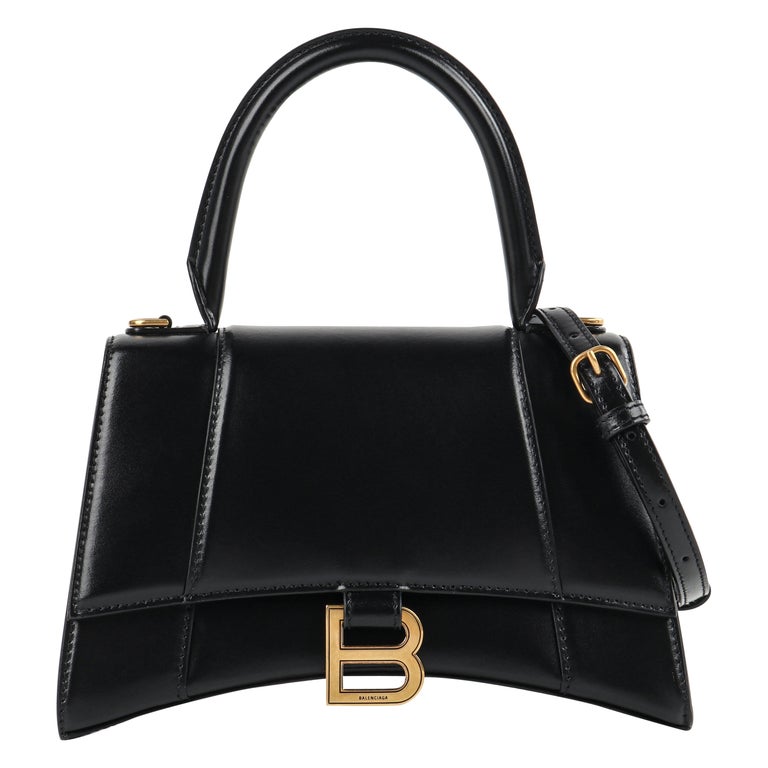BALENCIAGA Small Black Shiny Calfskin Brass Hardware “Hourglass” Handle Bag 1stDibs