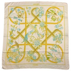 Antique Caraibes HERMES Yellow & White Bird Print Silk Scarf