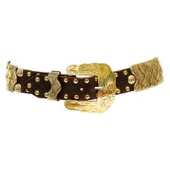 Nanni Italian Brown Leather Belt with Gold Plated Buckle and Metal Decoration