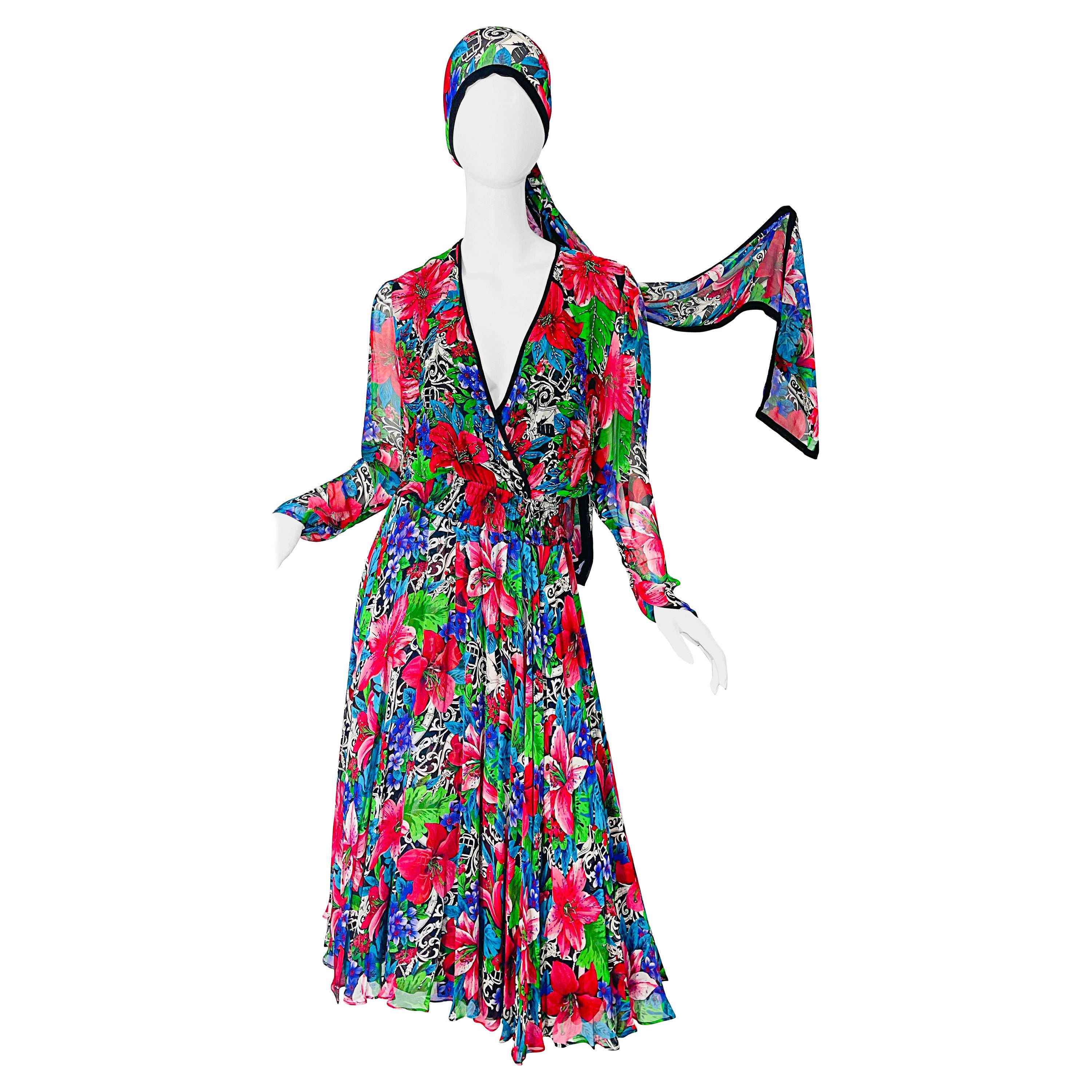 Vintage Diane Freis Silk Chiffon Beaded Tropical Print Midi Dress