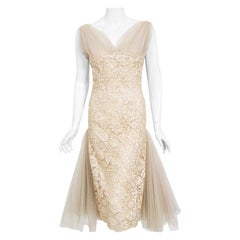 Vintage 1950's Anne Verdi Champagne Sequin Lace & Tulle Bustle Back Bridal Dress