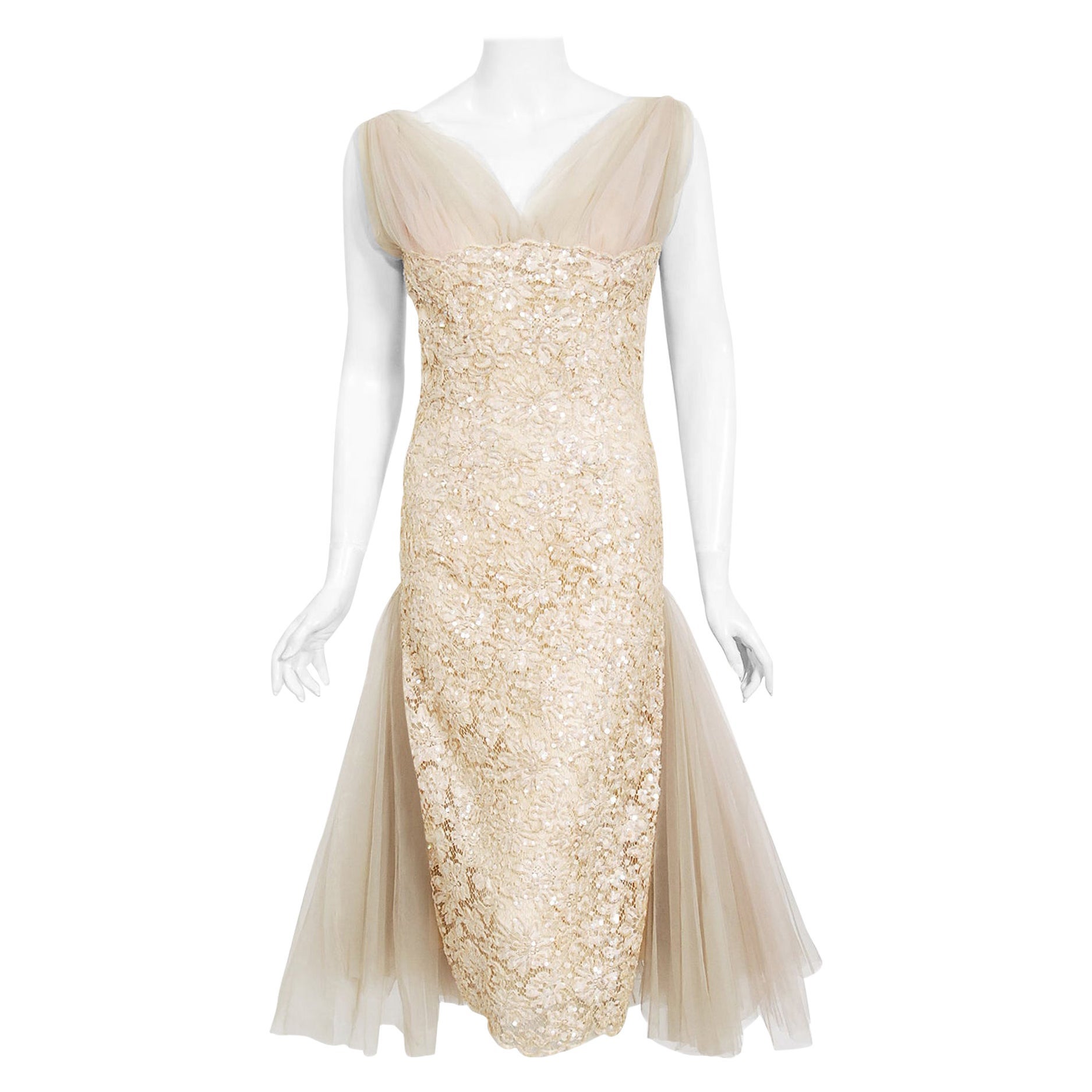 Vintage 1950's Anne Verdi Champagne Sequin Lace & Tulle Bustle Back Bridal Dress For Sale