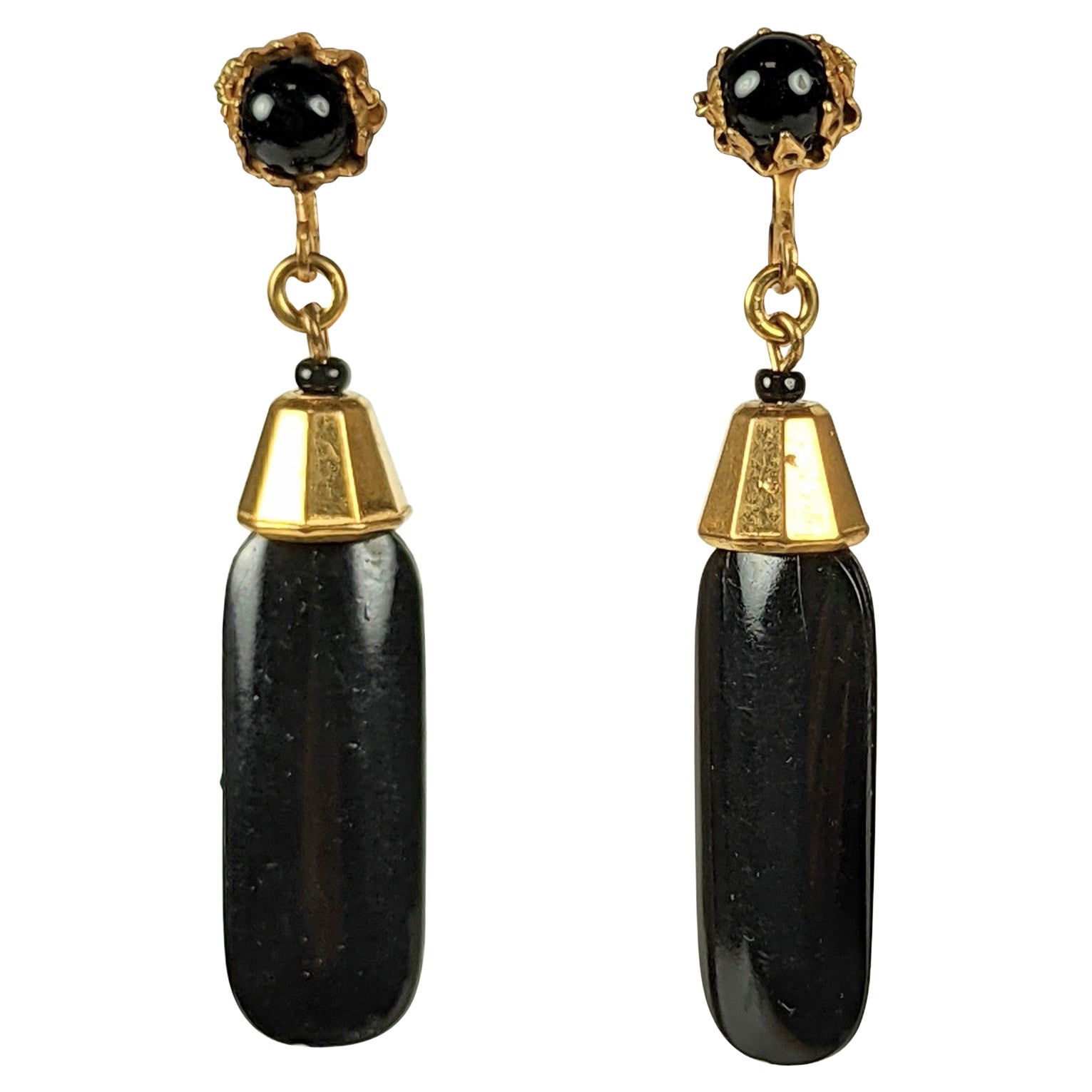 Miriam Haskell Jet and Gilt Drop Earrings For Sale