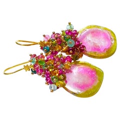 Watermelon Tourmaline and Multi-colored Tourmaline Earrings with 18K Yellow Gold