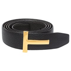Tom Ford Black/Chocolate Brown Grained Leather T Icon Reversible Belt 105CM