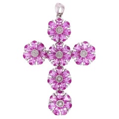 Pink Sapphire and Diamond Cross Gold Pendant Necklace Fine Estate Jewelry
