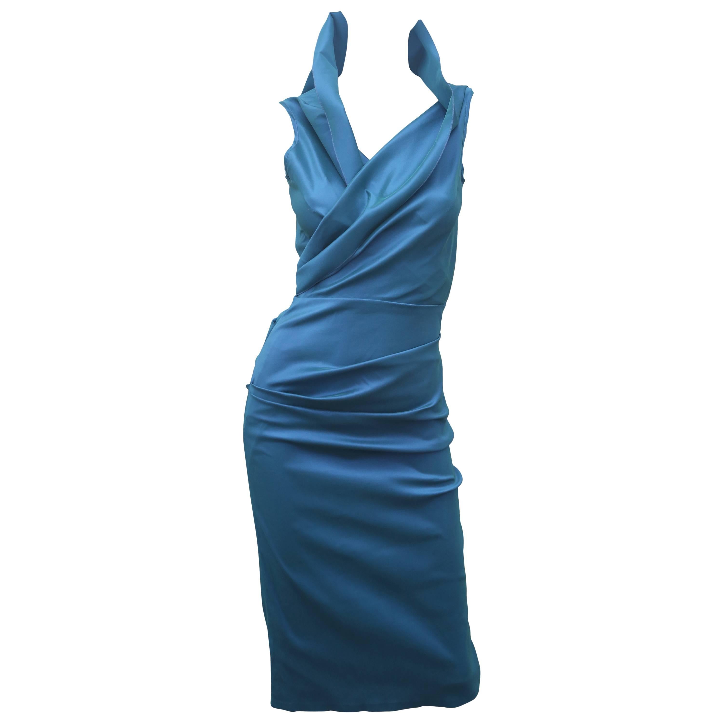 Talbot Runhof Sleeveless Blue Faux-Wrap Dress