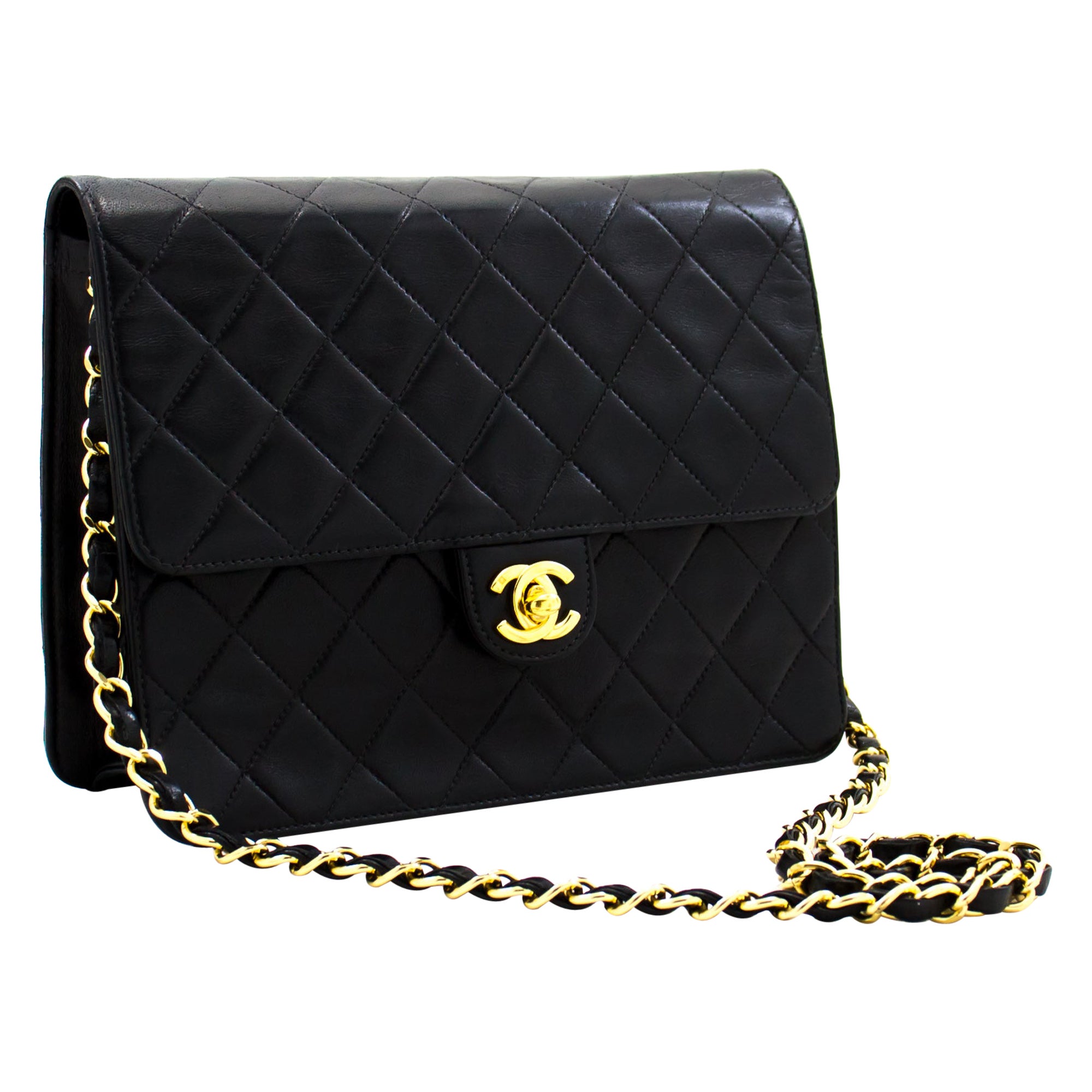 CHANEL Small Chain Shoulder Bag Black Clutch Flap Quilted Lambskin