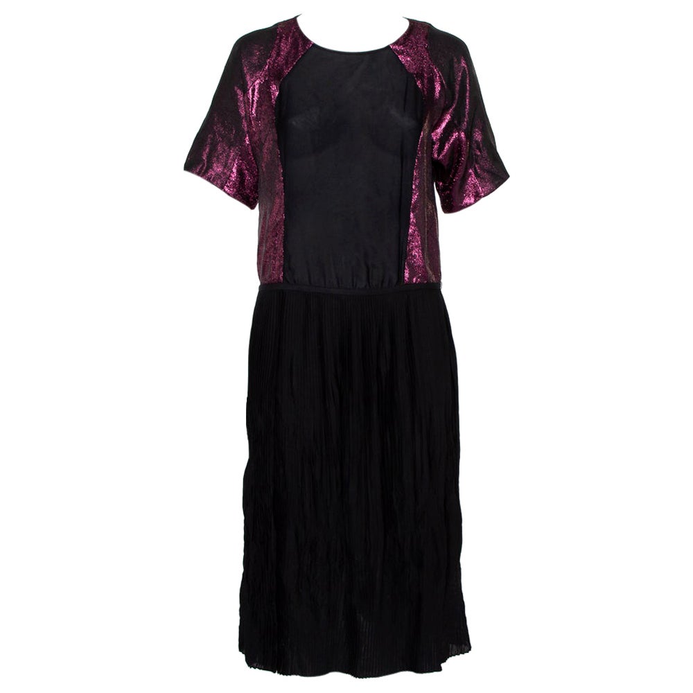 Gucci Black Silk Contrast Lamé Paneled Pleated Midi Dress S
