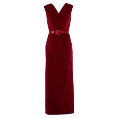 Christian Dior Burgundy Velvet Slit Detail Belted Maxi Dress M