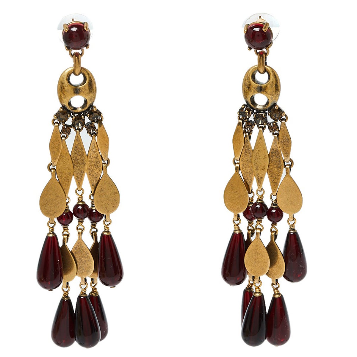Gucci Goldfarbene, gealterte Granat-Perlen-Kronleuchter-Ohrringe im Angebot
