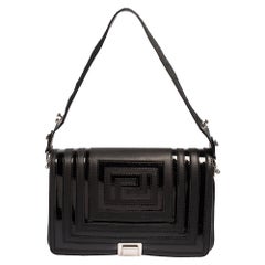 Versace Black Quilted Patent and Leather Flap Shoulder Bag