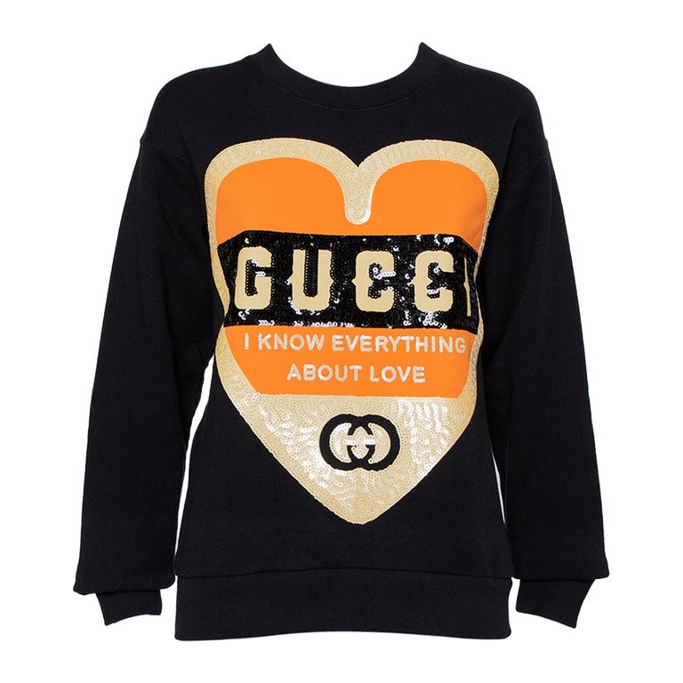 Gucci Black Cotton Sequin Embellished Logo Heart Detail Crewneck Sweatshirt  XS at 1stDibs