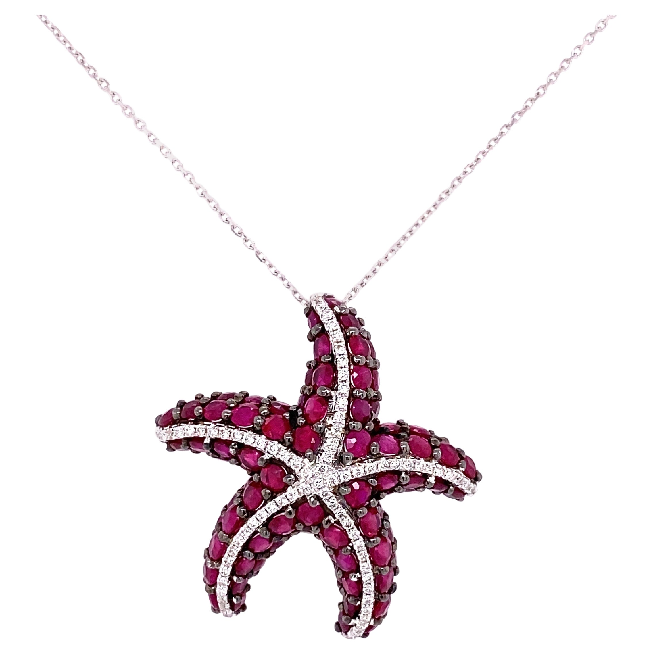 Ruby and Diamond Starfish Design Pendant Suspended on Link Chain Gold Necklace
