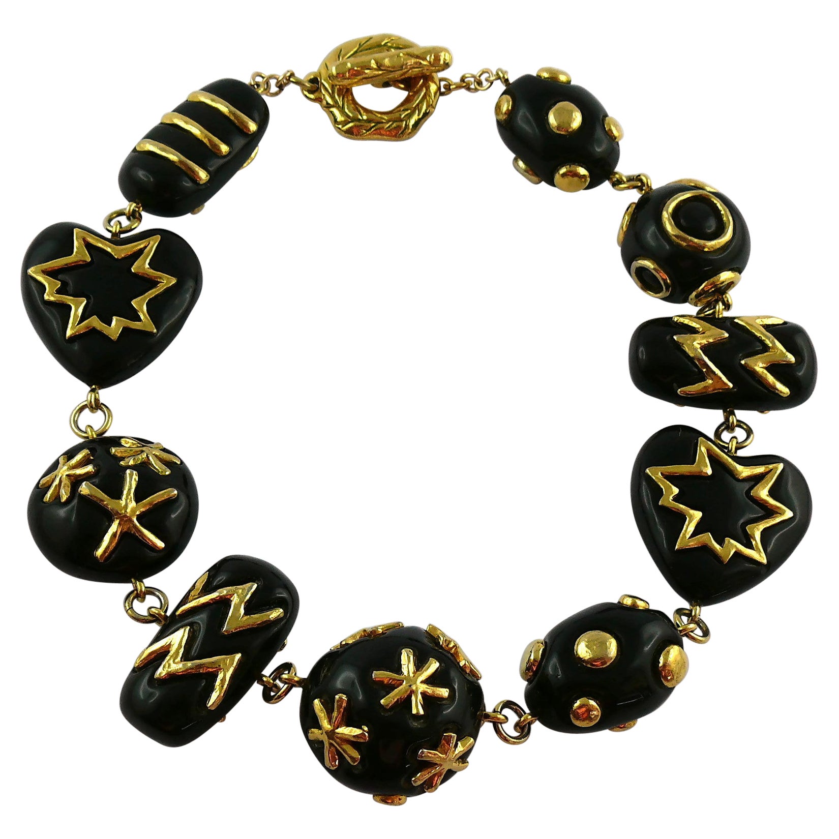 Christian Lacroix Vintage Gold Toned and Black Resin Links Necklace For Sale