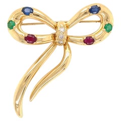Vintage Diamond Emerald Ruby Sapphire Ribbon Bow Gold Brooch Pin Estate Fine Jewelry