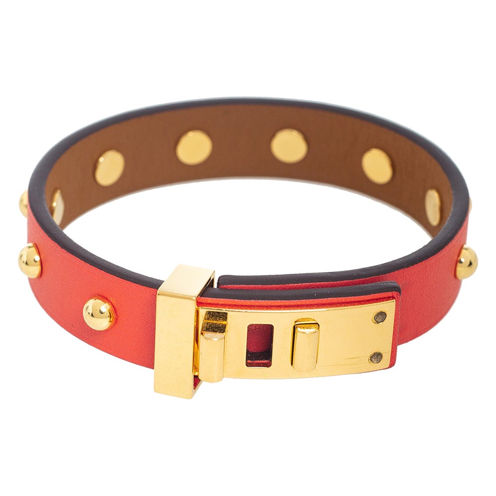 Hermes Orange Leather Gold Plated Mini Dog Clous Ronds Bracelet Size T2