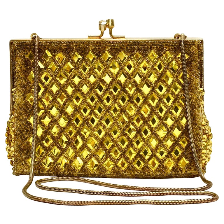 Yellow and Gold Sequin and Gold Bead Evening Bag Made in Hong Kong circa 1960s For Sale