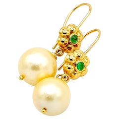 Golden South Sea Cultured Pearl Earrings with 18K Yellow Gold with Emerald
