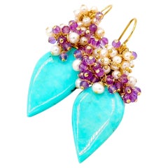Genuine Turquoise Earrings with White Seed Pearls and Amethyst