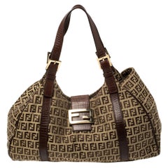 Fendi Brown Zucchino Canvas and Leather Borsa Piccola Satchel