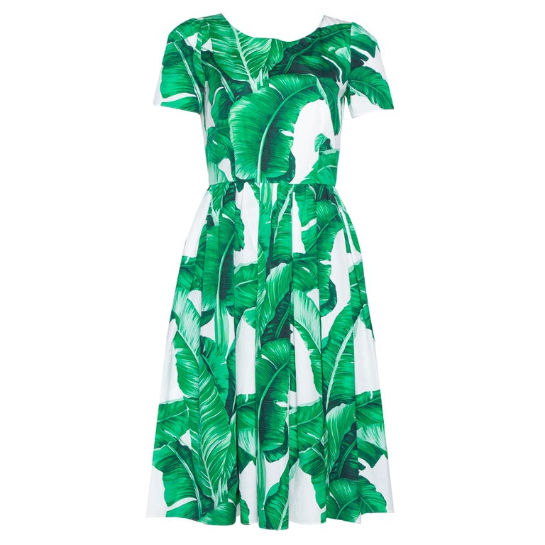 Dolce and Gabbana Green and White Banana Leaf Print Cotton Midi Dress M at  1stDibs