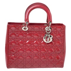 Dior Scarlet Red Cannage Patent Leather Large Lady Dior Tote