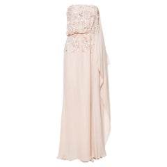 Used Elie Saab Cream Silk Embellished Draped Strapless Dress S