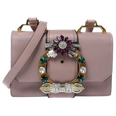Miu Miu Dusty Pink Madras Leather Crystal Embellished Buckle Flap Shoulder Bag