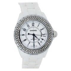 Chanel Montre-bracelet pour femme J12 en acier inoxydable et céramique blanc avec diamants, 39 mm