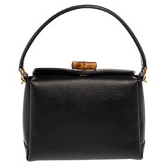 Gucci Black Leather Bamboo Turn Lock Top Handle Bag