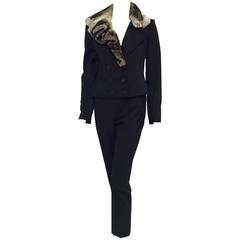 Christian Dior Boutique Wool Blend Black Pant Suit w. Orylag Rabbit Fur Collar