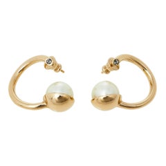 Dior Gold Tone Metal Faux Pearl & Crystal Hoop Earrings