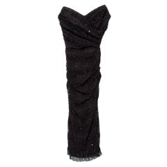 Dolce & Gabbana Black Embellished Tulle Ruched Strapless Midi Dress S
