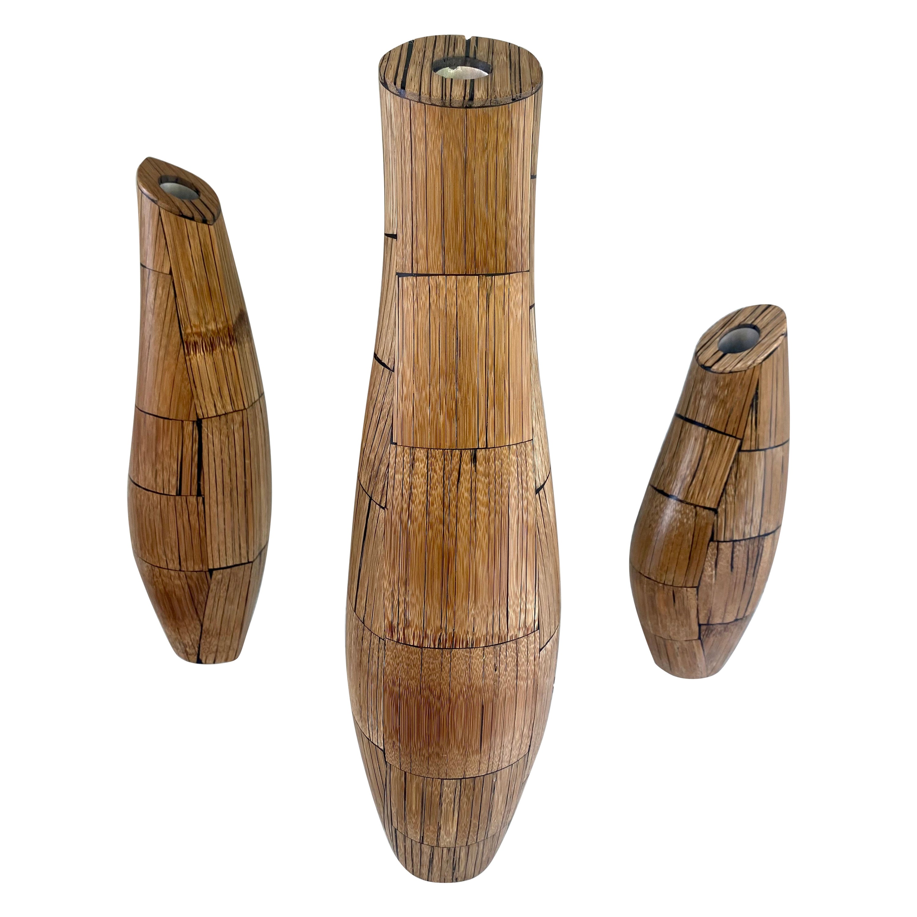 R&Y Augousti Paris Inlaid Bamboo Rattan Wood Sculptural Vases, Set of 3 For Sale