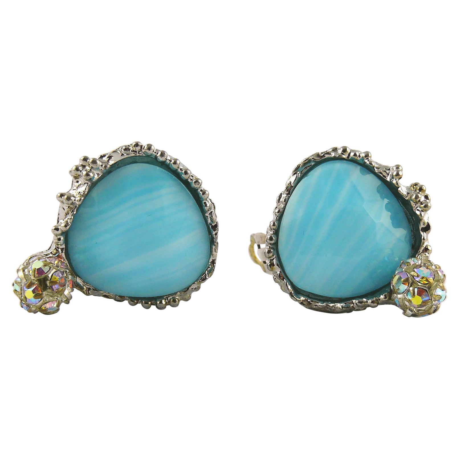 Christian Lacroix Vintage Silver Toned Marbled Blue Glass Clip-On Earrings For Sale