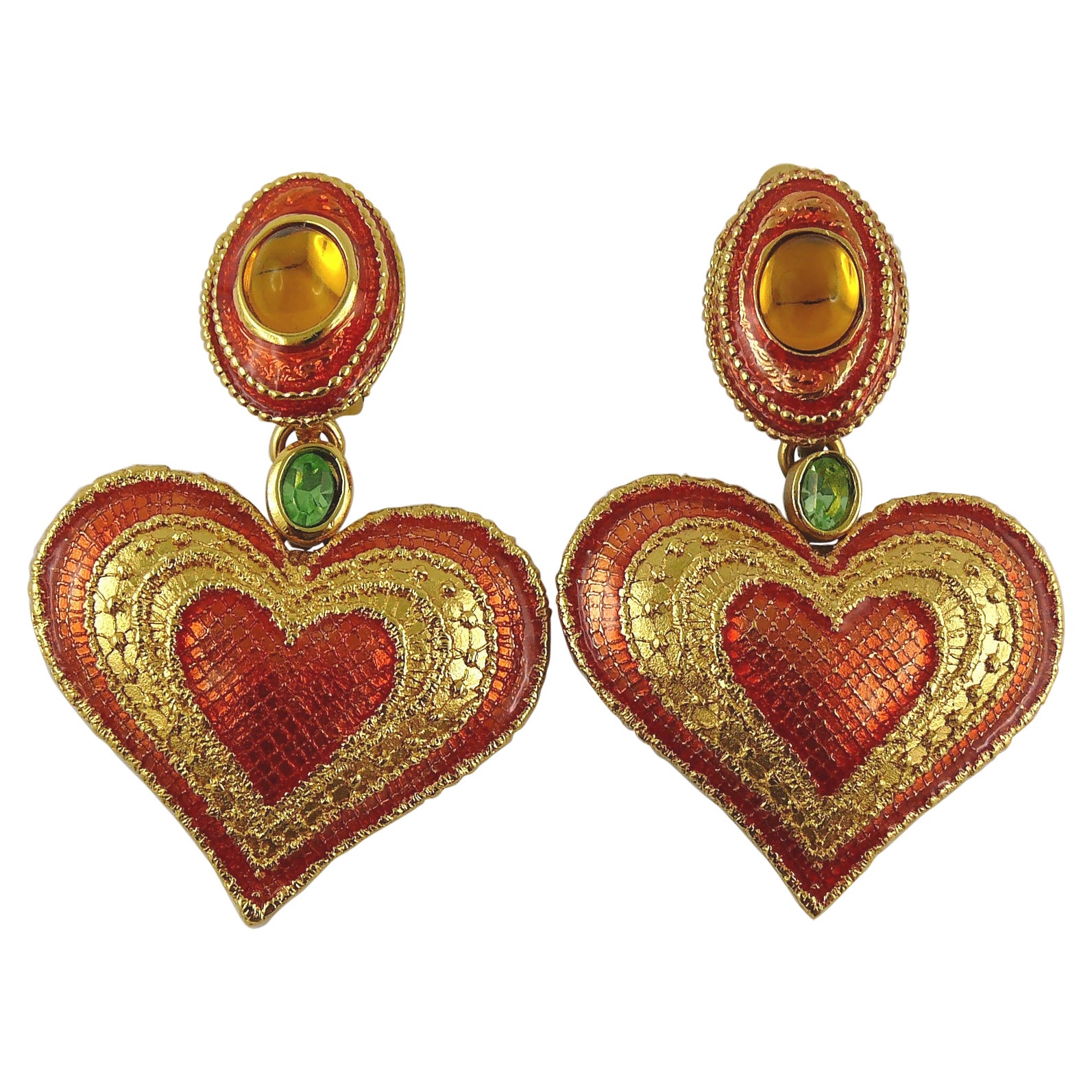 Yves Saint Laurent YSL Vintage Enamel Heart Dangling Earrings