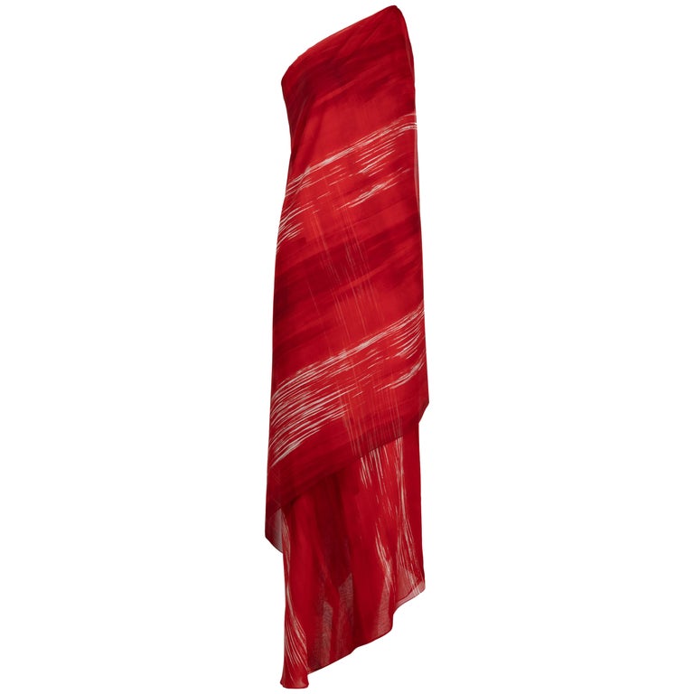 Vintage Halston Red Print Silk One Shoulder Draped Dress, 1970s