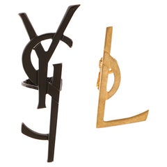 Saint Laurent Black and Gold Tone Monogram Logo Clip On Earrings